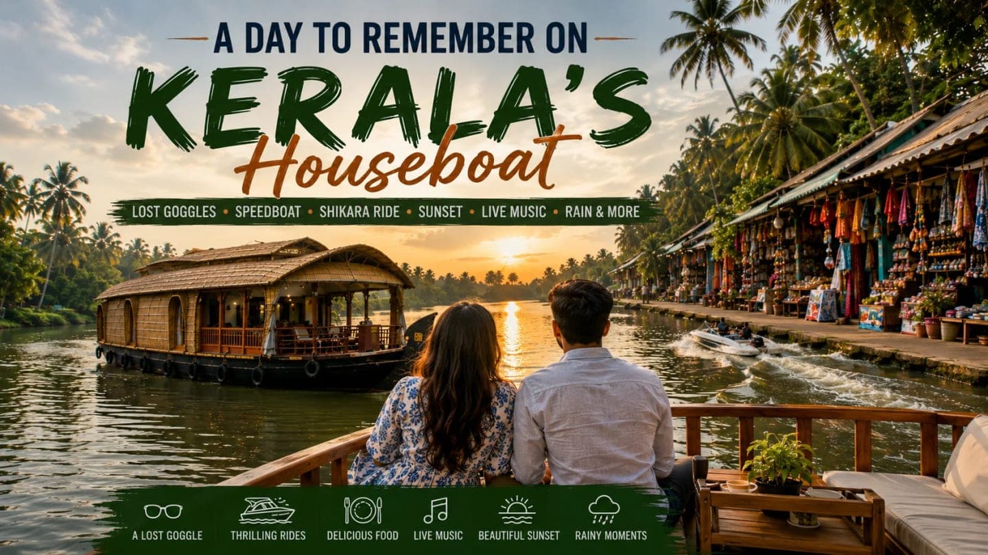 Traditional Kerala houseboat cruising through Alleppey's backwaters with coconut trees, calm waters, and a cloudy monsoon sky.