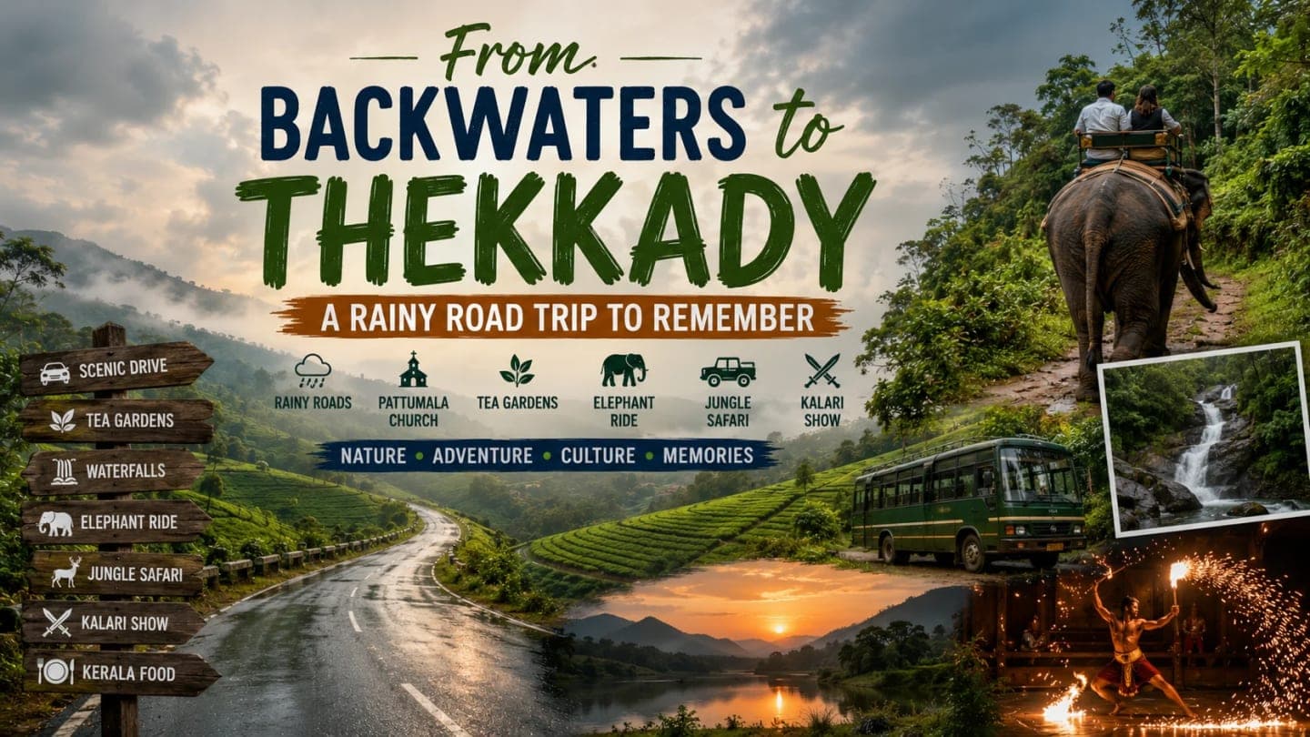 A winding road through Kerala's misty hills leading towards Thekkady, surrounded by tea gardens, lush greenery and monsoon clouds.