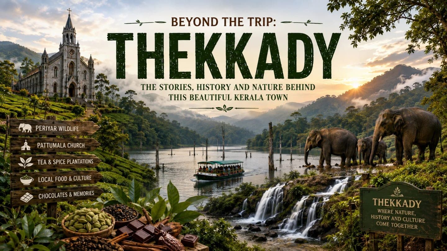 Misty green hills of Thekkady featuring tea plantations, Periyar's forests, Pattumala Church and the natural beauty of Kerala's Western Ghats.