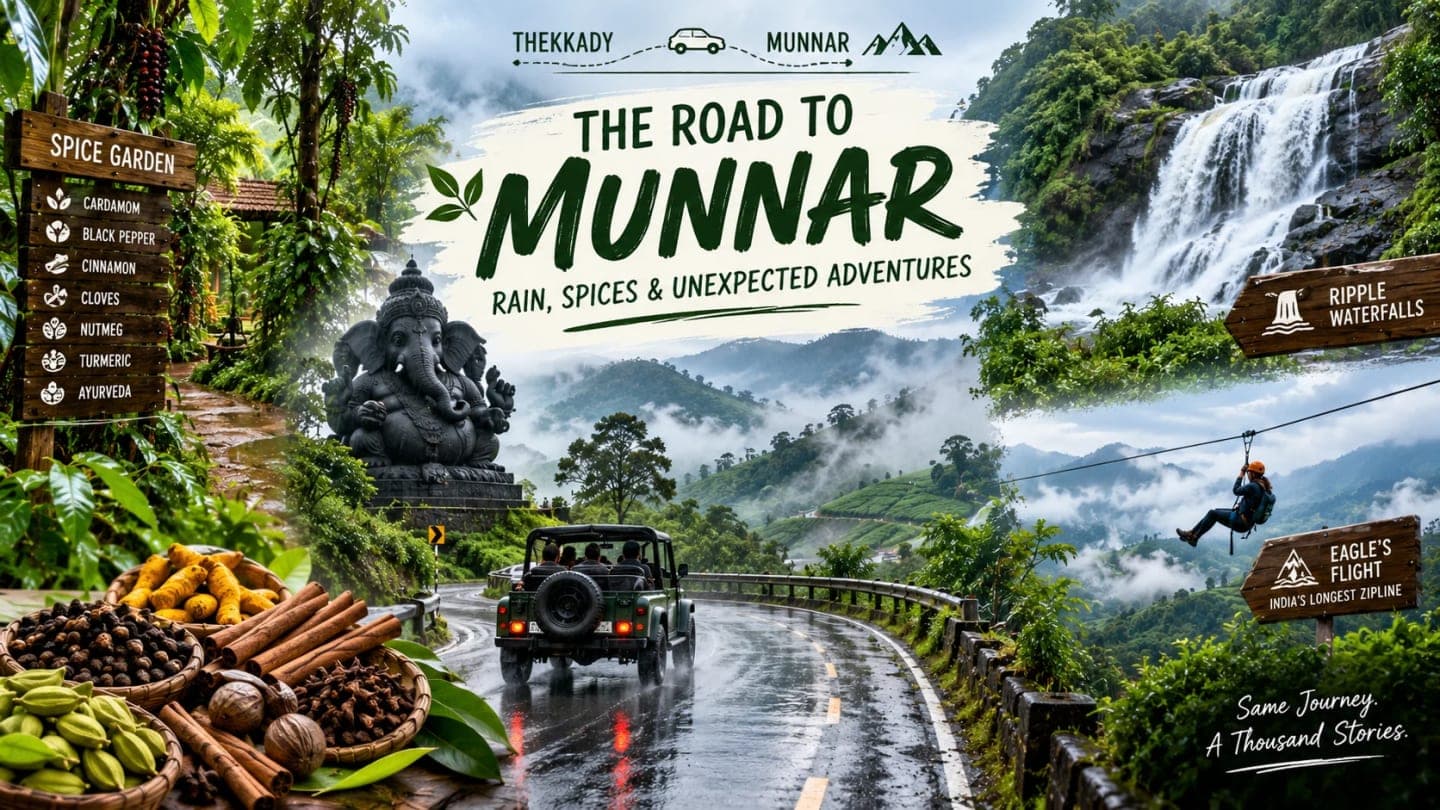 Rain-soaked road from Thekkady to Munnar surrounded by misty green hills, spice plantations and waterfalls during Kerala's monsoon.