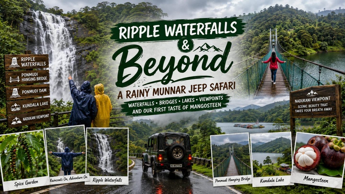 Rainy Munnar jeep safari through lush green hills with Ripple Waterfalls, hanging bridge, scenic lake and misty viewpoints in Kerala.