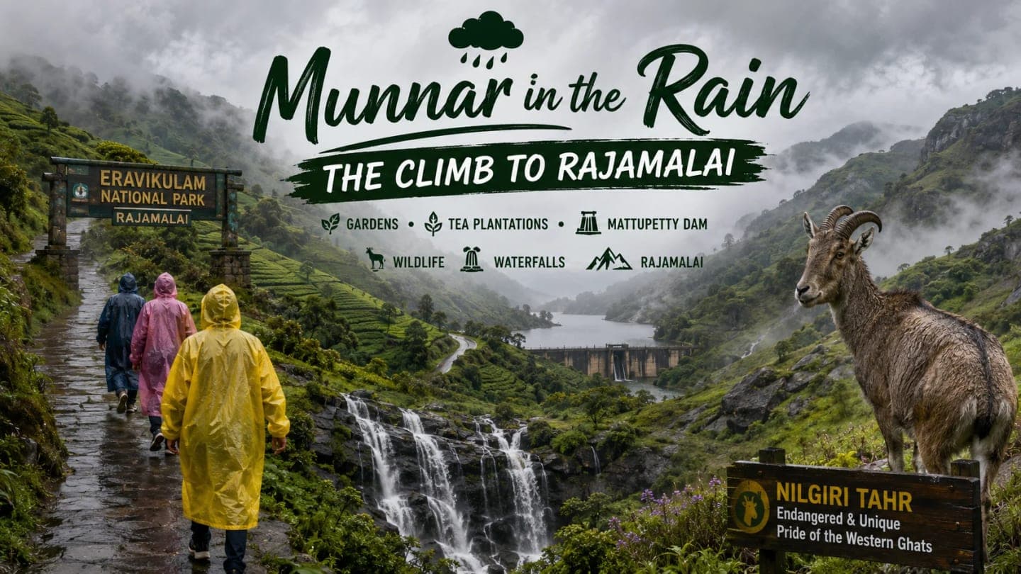 Rainy Rajamalai hills in Eravikulam National Park, Munnar, with mist-covered mountains, waterfalls, lush grasslands and Nilgiri tahr.