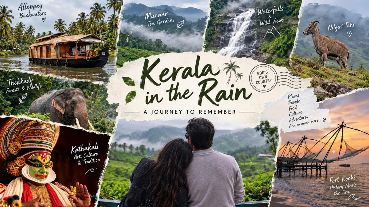 A scenic collage of our Kerala monsoon journey featuring Alleppey houseboats, Thekkady forests, Munnar tea gardens and waterfalls, Nilgiri tahr, Kathakali and historic Fort Kochi