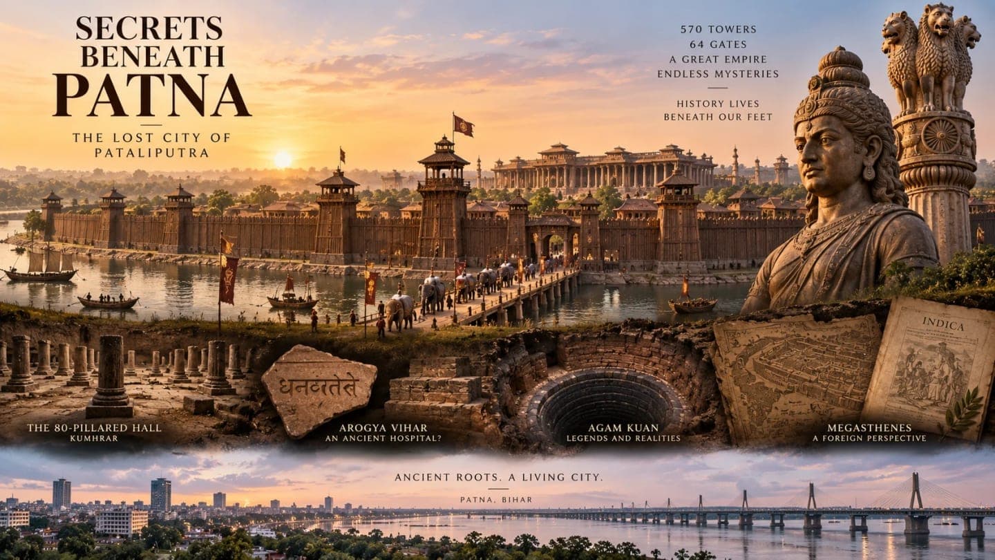 Artistic reconstruction of ancient Pataliputra showing its fortified city, Mauryan architecture and the mysteries beneath modern Patna