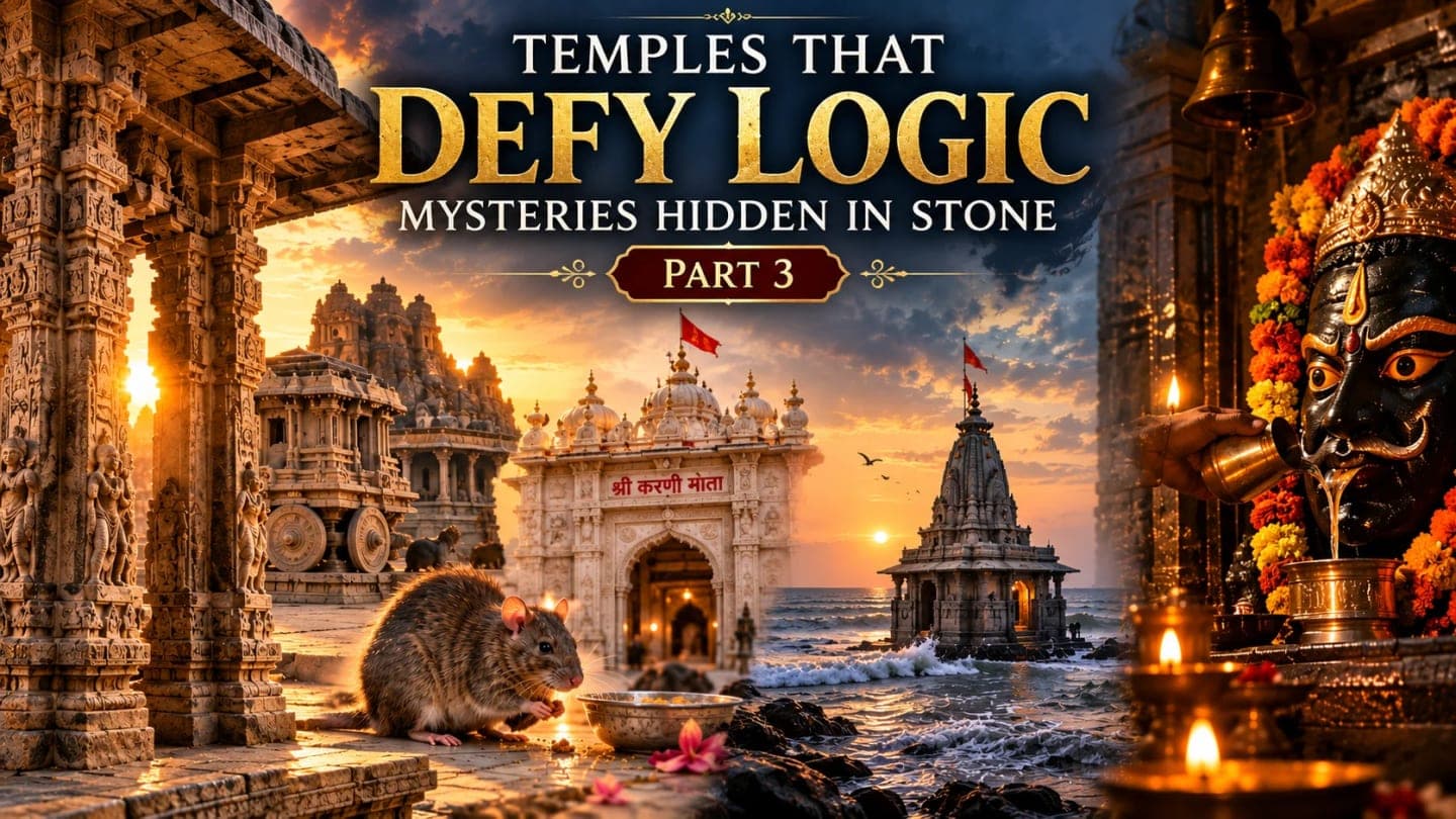 Mysterious temples of India featuring Hampi’s musical pillars, Karni Mata Temple and Stambheshwar Mahadev.