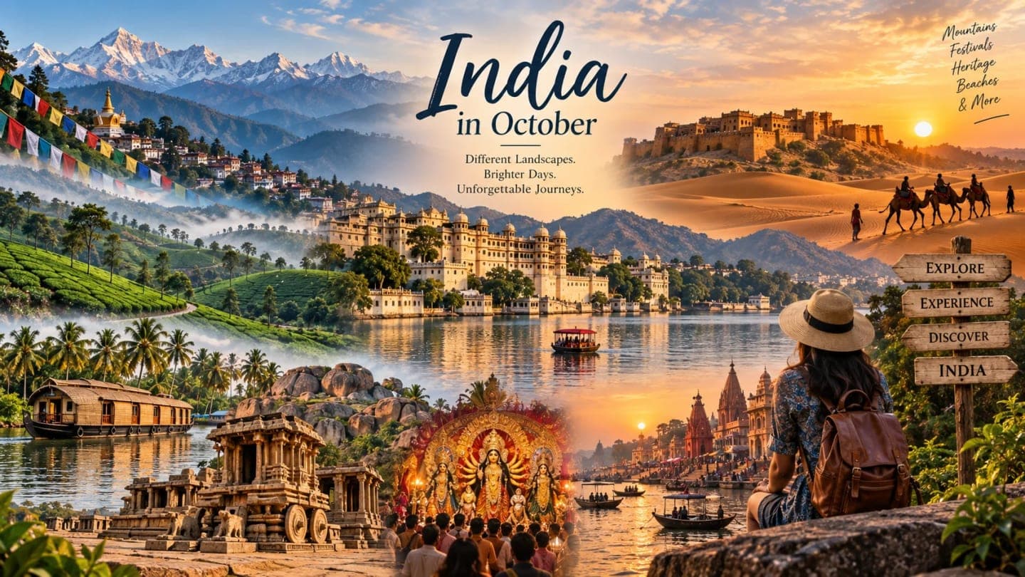 Best places to visit in India in October featuring Himalayan mountains, Kerala backwaters, Rajasthan, Hampi, Varanasi and festivals