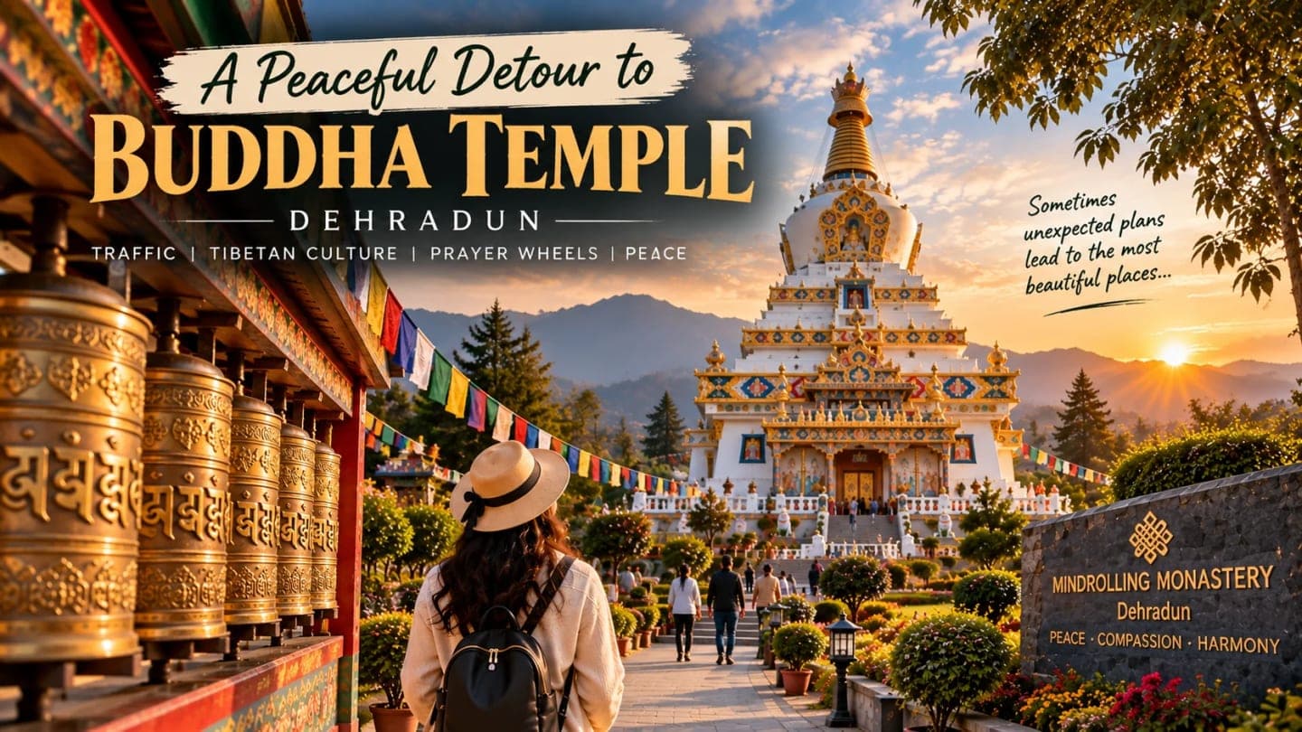 Buddha Temple Mindrolling Monastery in Clement Town Dehradun featuring Tibetan Buddhist architecture, the Great Peace Stupa and colourful prayer flags