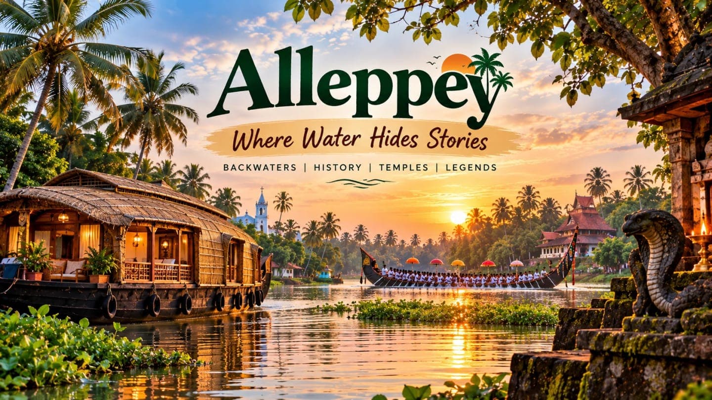 Alleppey backwaters in Kerala with a traditional houseboat, coconut trees, canals and misty green landscapes