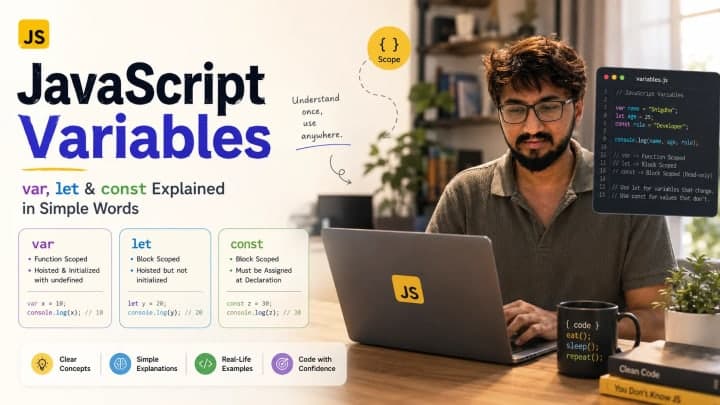 JavaScript variables lesson graphic for var, let, and const beginners