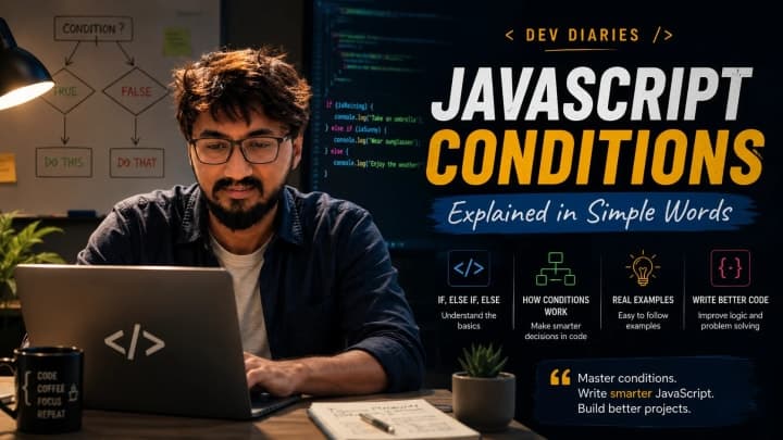 Editorial tech graphic about JavaScript conditions with decision branches around a code editor