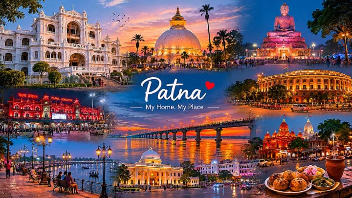 Patna city landmarks and Ganga riverfront atmosphere with ghats, historic sites, and everyday city life