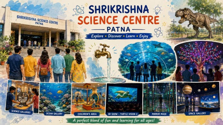 Visitors exploring interactive science exhibits and space-themed galleries at Shrikrishna Science Centre in Patna