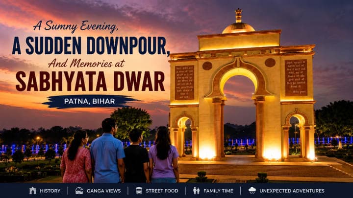 Sabhyata Dwar monument beside the Ganga River in Patna during a cloudy evening