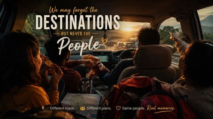 Friends and family laughing together during a road trip stop in soft evening light