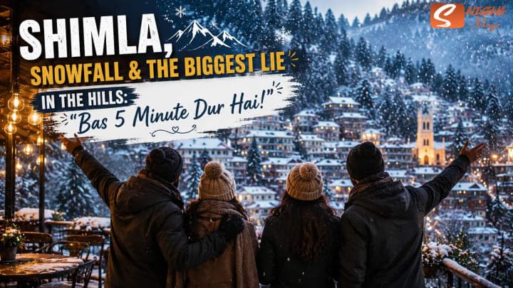 Four friends enjoying fresh snowfall during a winter trip to Shimla.