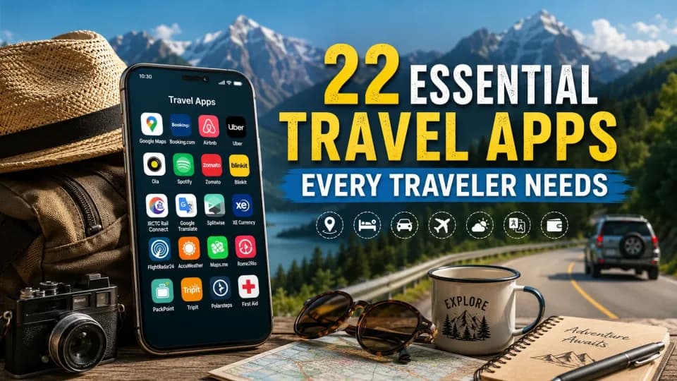 Traveller holding a smartphone displaying multiple travel apps with mountains, roads, flights, hotels, and maps in the background.