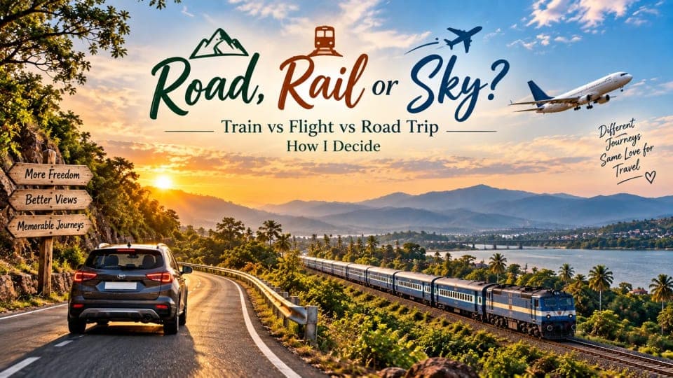 Train vs flight vs road trip comparison showing a car on a scenic highway, Indian train and airplane in the sky