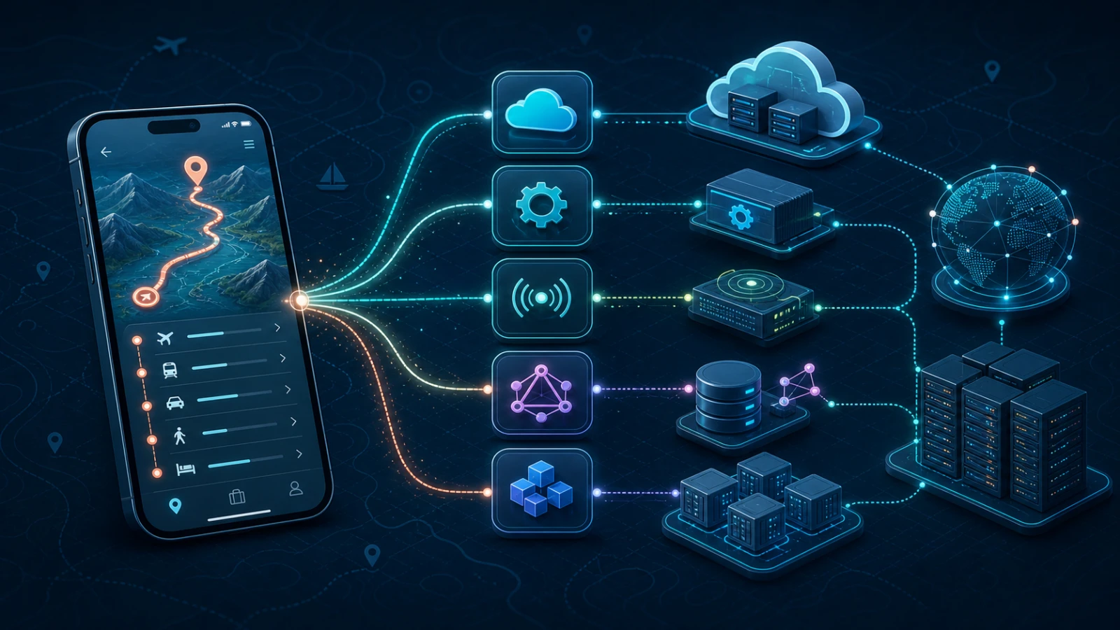 A travel route on a phone connected to cloud, API, database, real-time, GraphQL, and server systems.